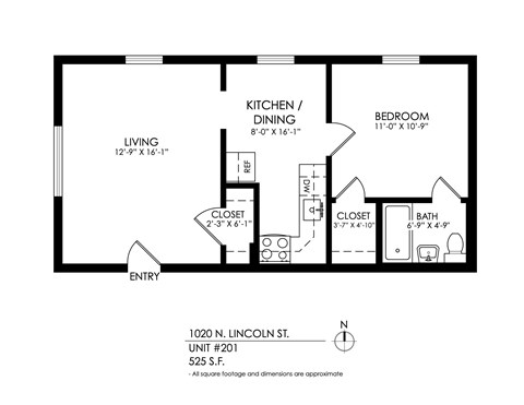 Floor plan for 1 bed, 1 bath, 600 sqft